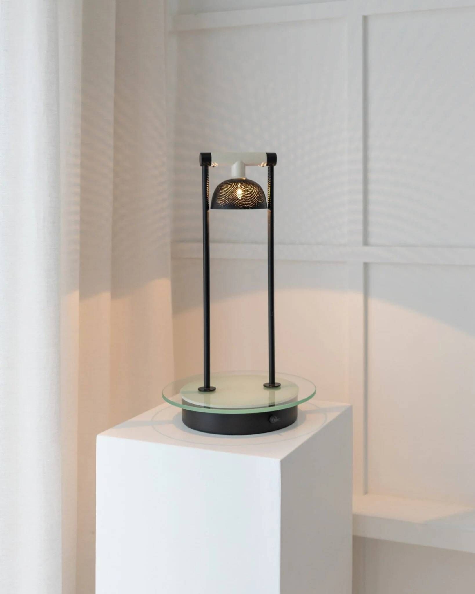 Vintage black metal table lamp with frosted glass disc, Italy, Postmodern Memphis 1980s