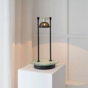 Vintage black metal table lamp with frosted glass disc, Italy, Postmodern Memphis 1980s