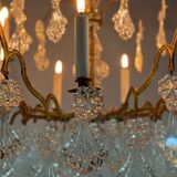 Gilt bronze cage chandelier decorated with glass pendants in the shape of peacock feathers circa 1800