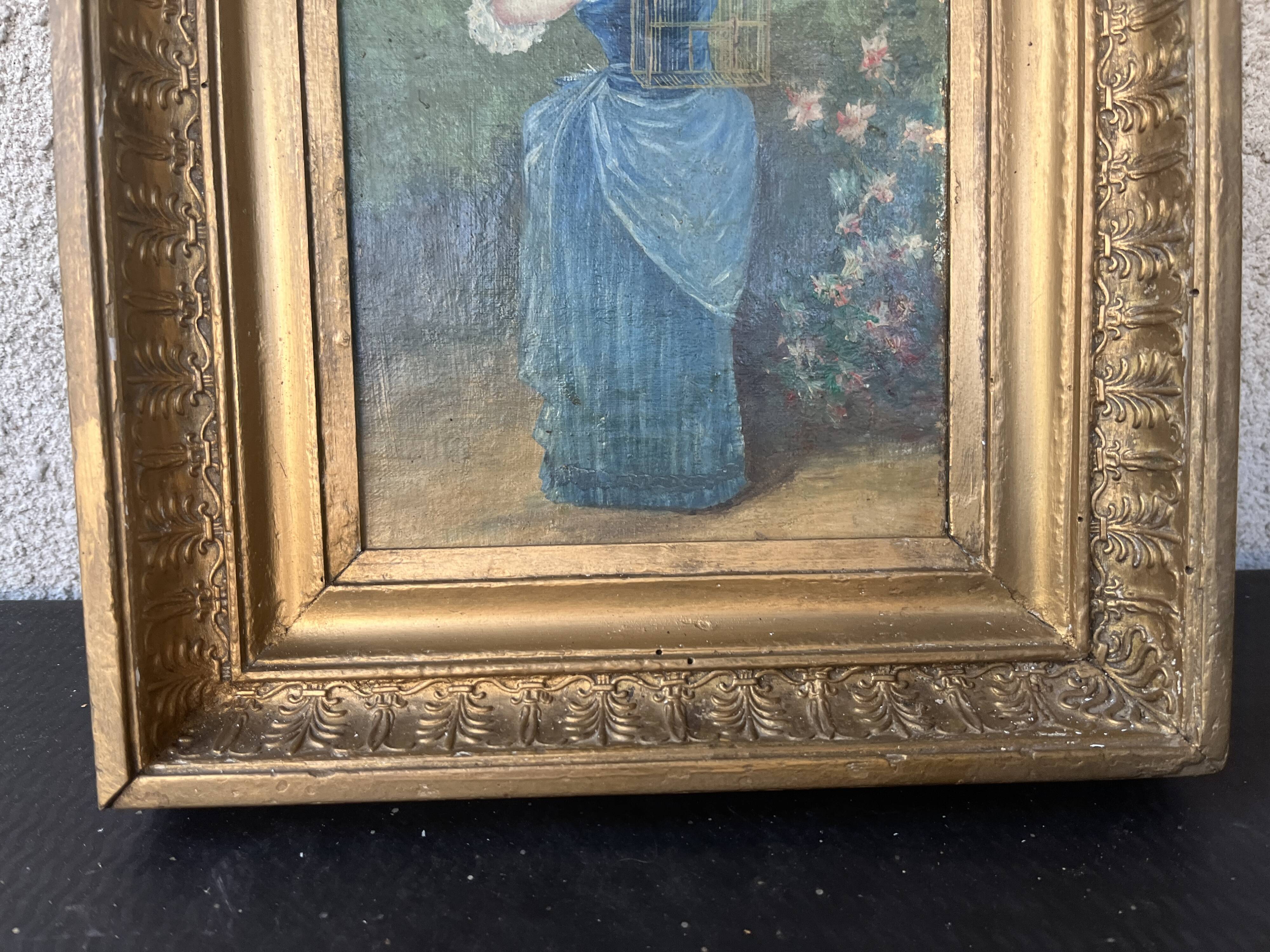 Antique tableau from the 19th century – Genre scene with the lady and the bird.