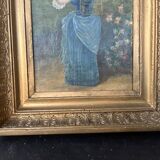 Antique tableau from the 19th century – Genre scene with the lady and the bird.