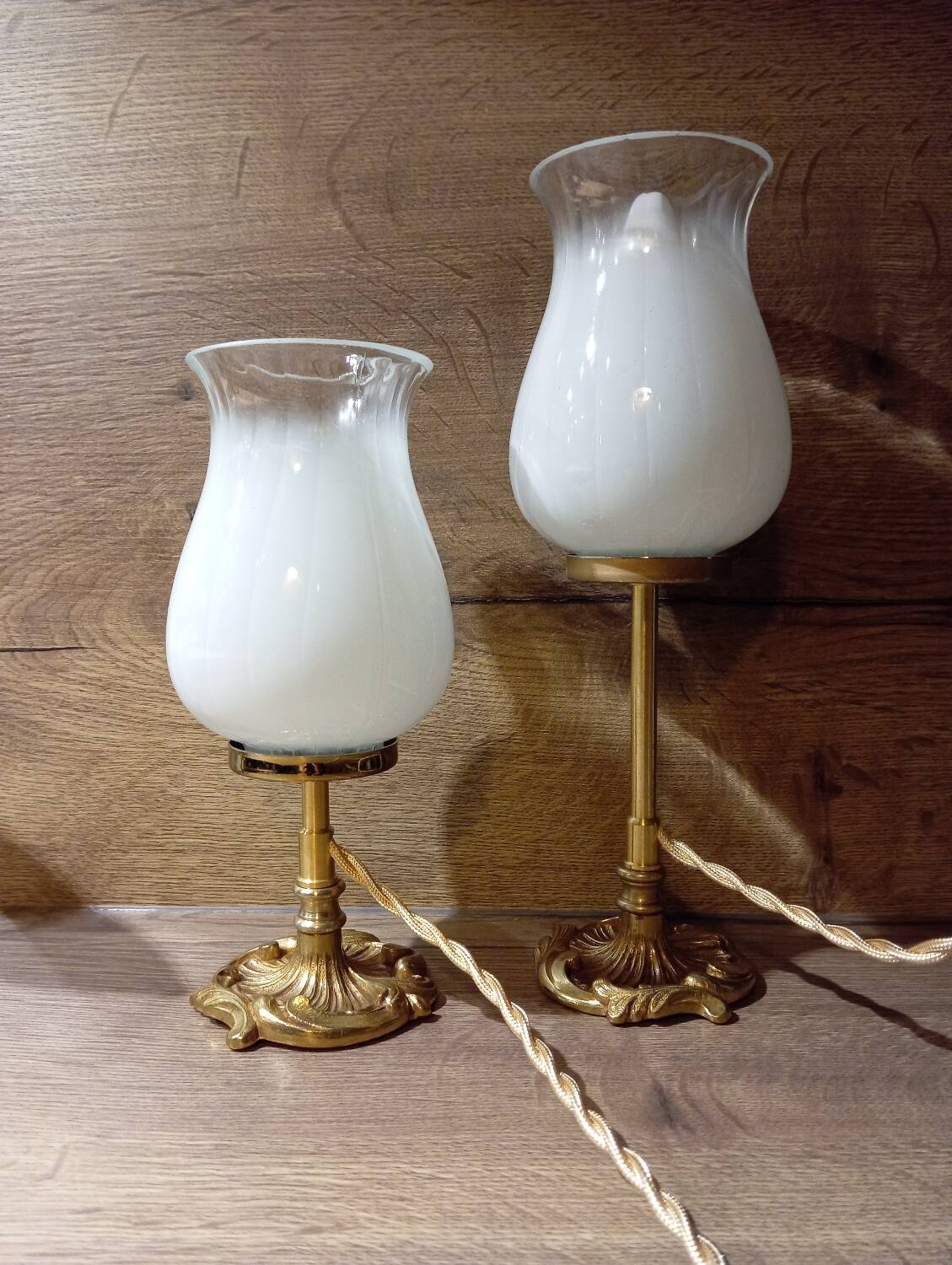 Duo art deco bedside lamps bronze and white glass tulip