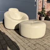Ligne Roset Pumpkin 1-seater + pouf in beige leather by Pierre Paulin