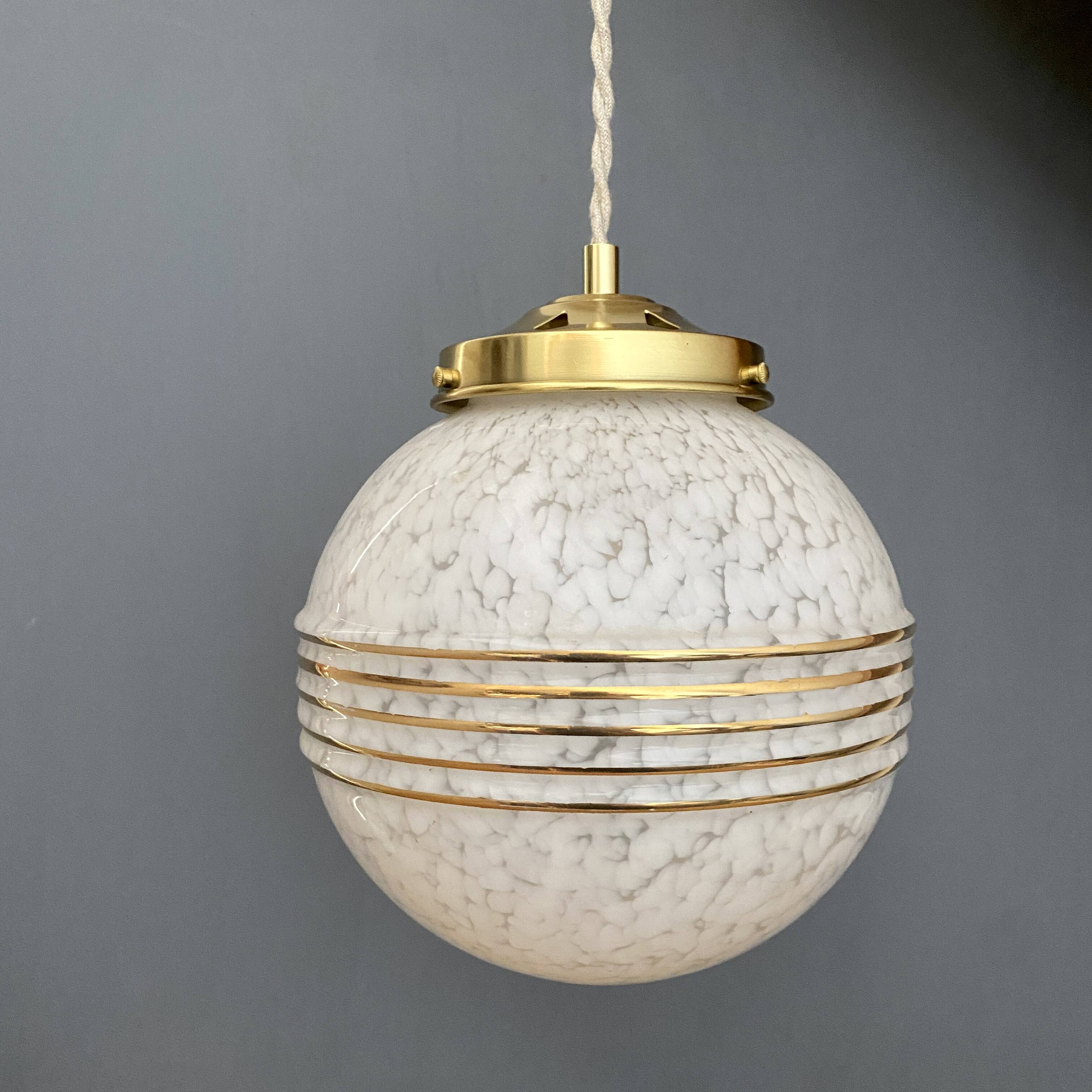 Vintage white Clichy glass globe pendant light