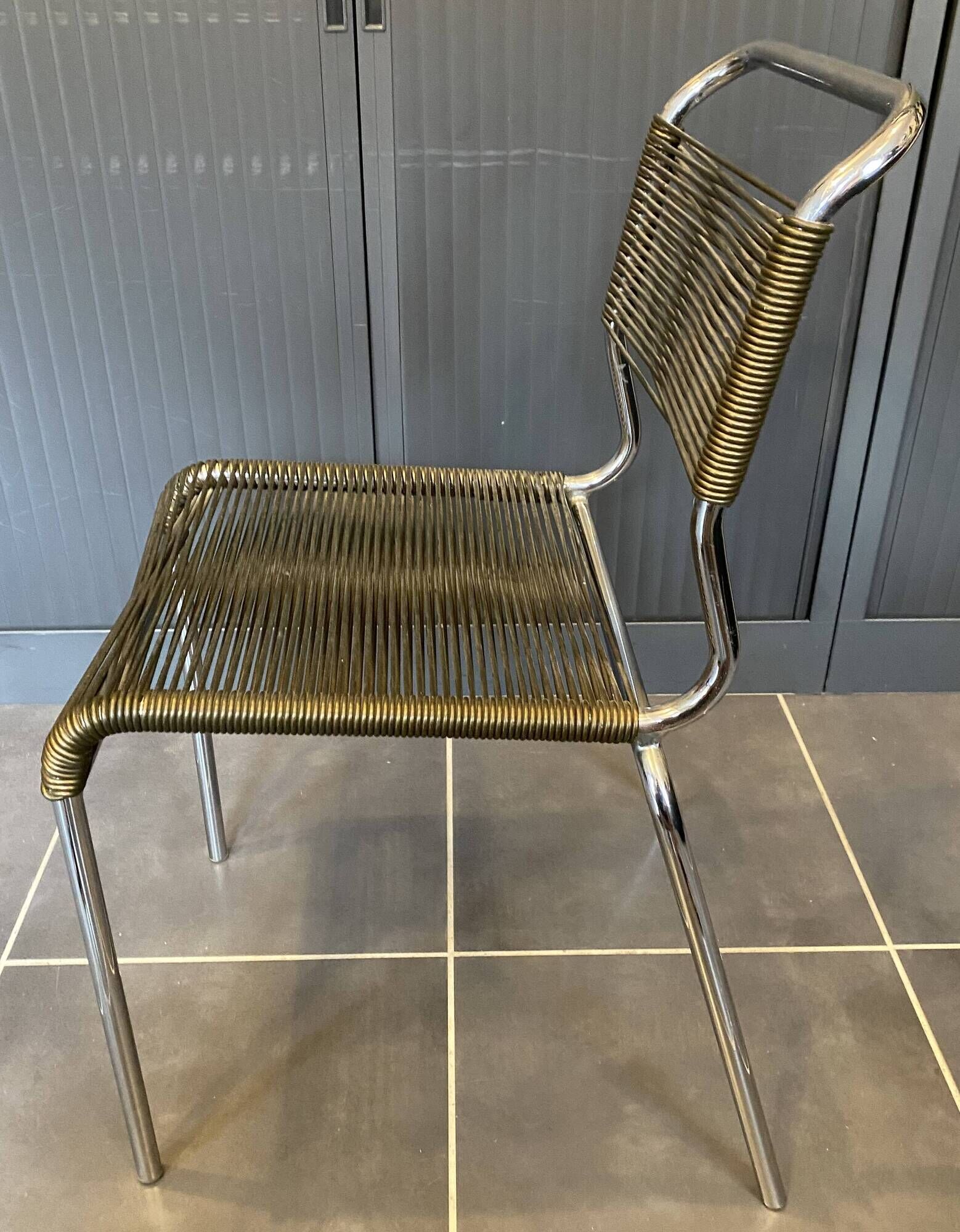 Scoubidou chair or vintage 1960s khaki green chrome spaghetti chair