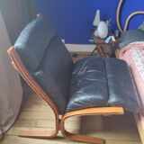 Pair of black leather Siesta armchairs Ekornes Ingmar Relling Norway 1960