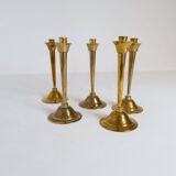 Mid-century set of 5 brass candlesticks by Lars Holmström, Arvika, Sweden.
