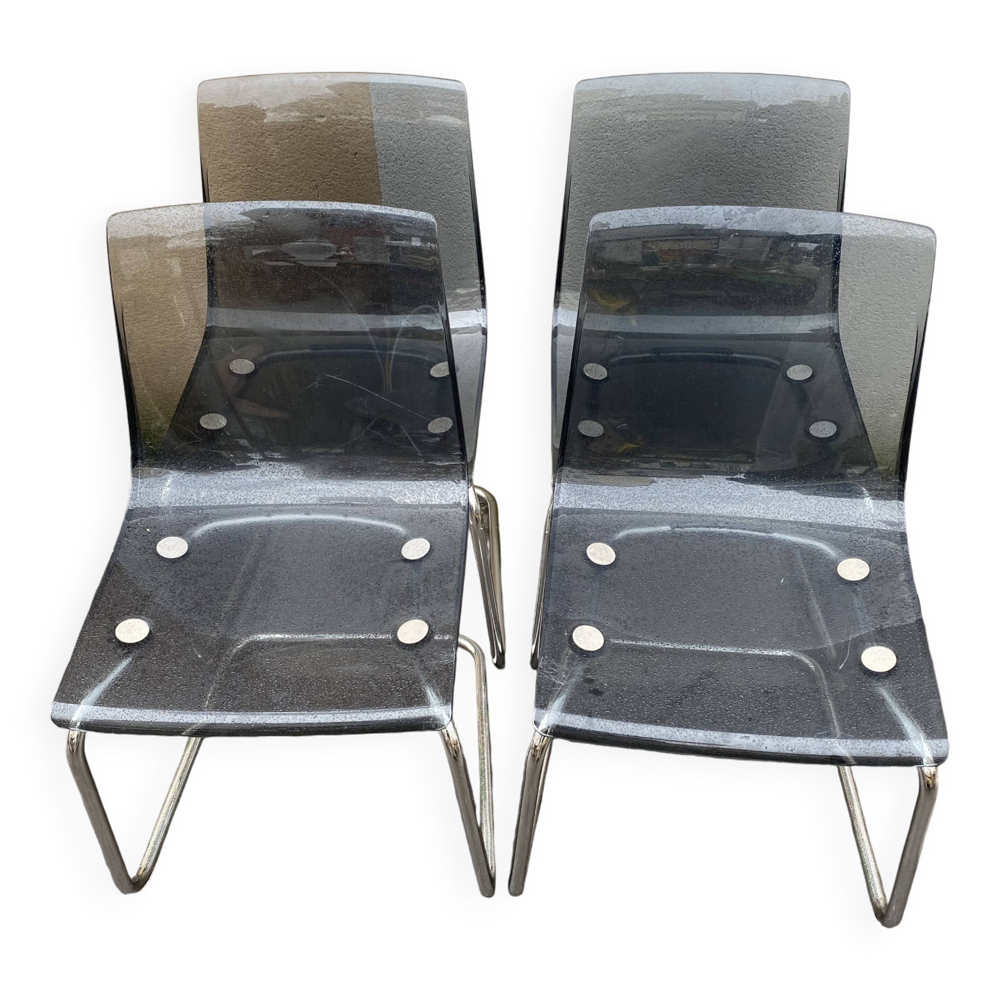 Set of 4 vintage chrome metal and plexiglass chairs