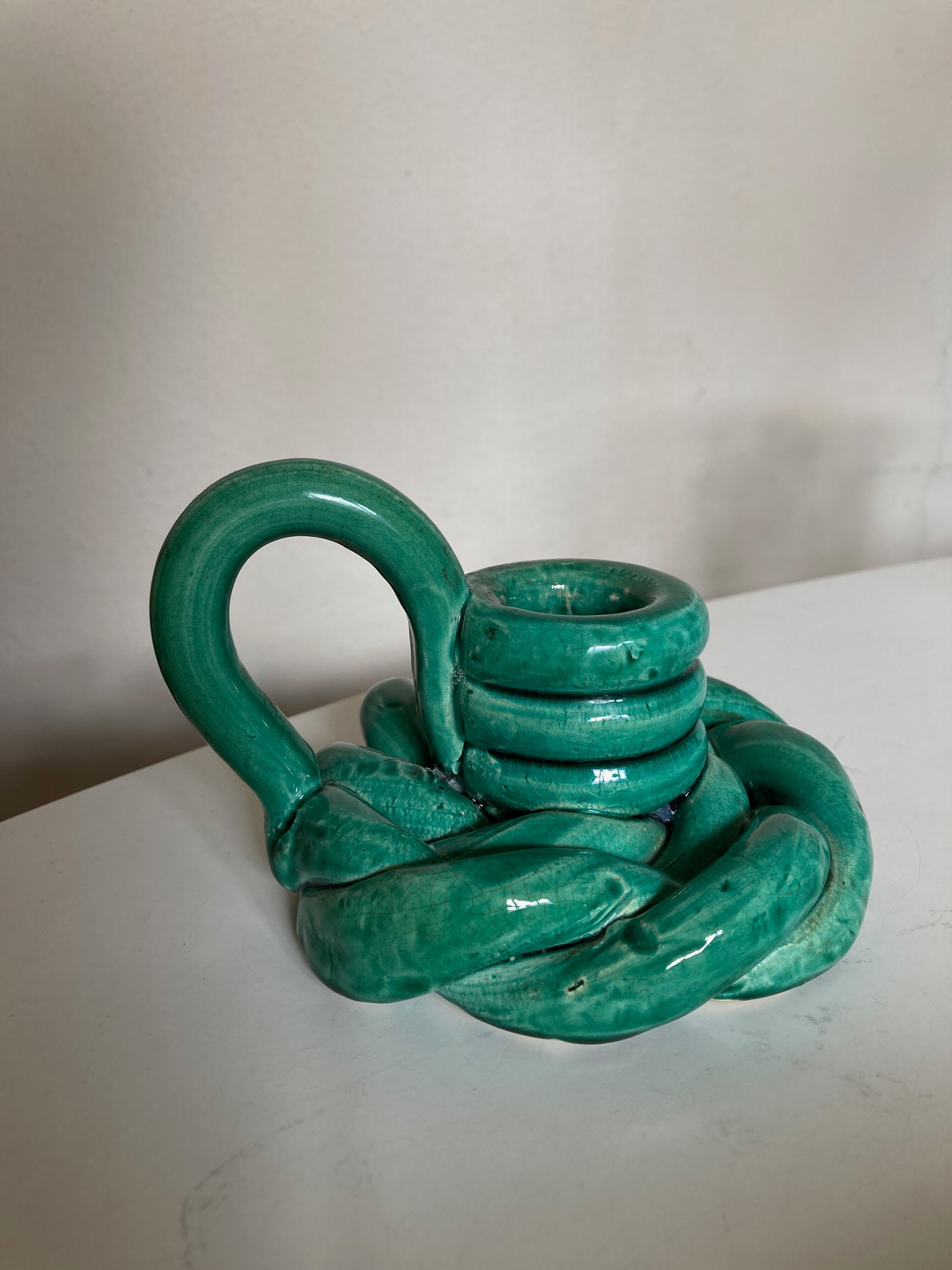 Vallauris 1960 braided ceramic candle holder in turquoise glazed clay