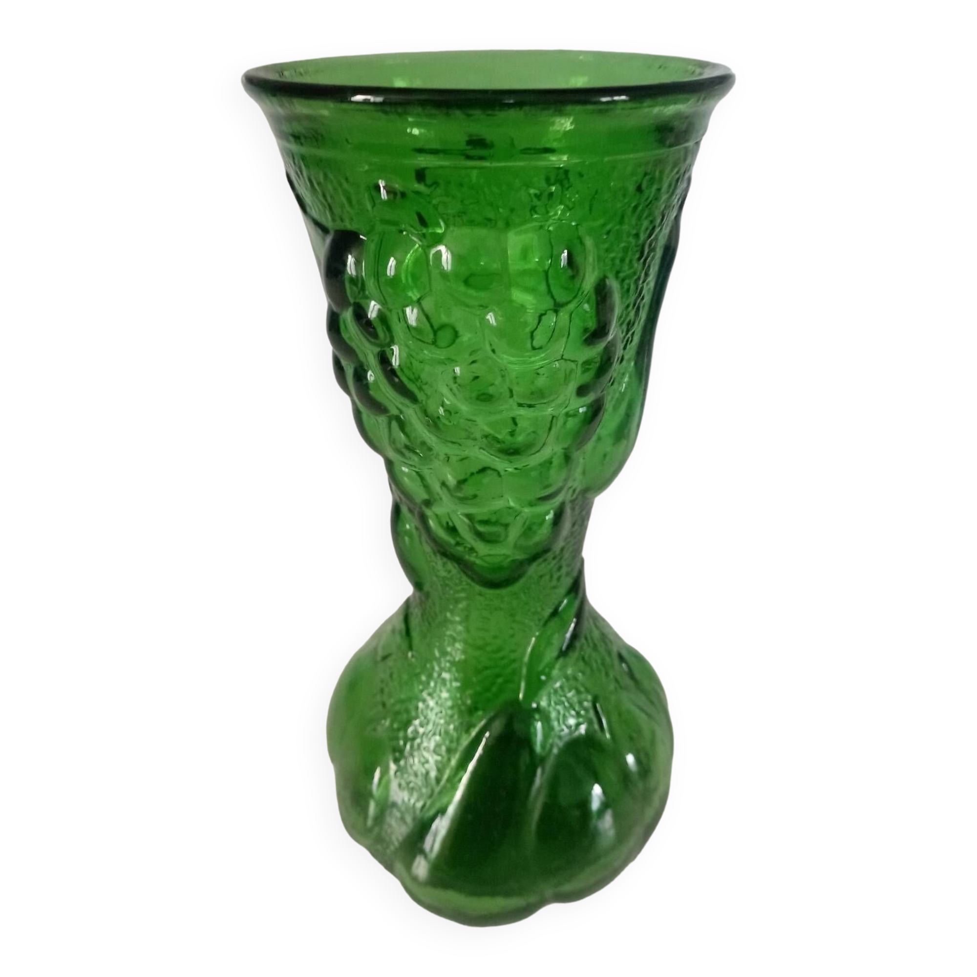 Green glass vase decorated with bunch of grapes and fruits