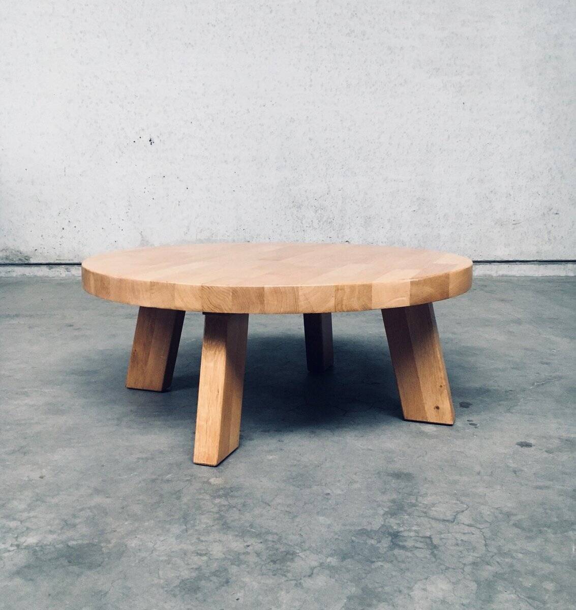 Brutalist Oak Round Coffee Table from Meubelfabriek Oisterwijk, Netherlands, 1960s