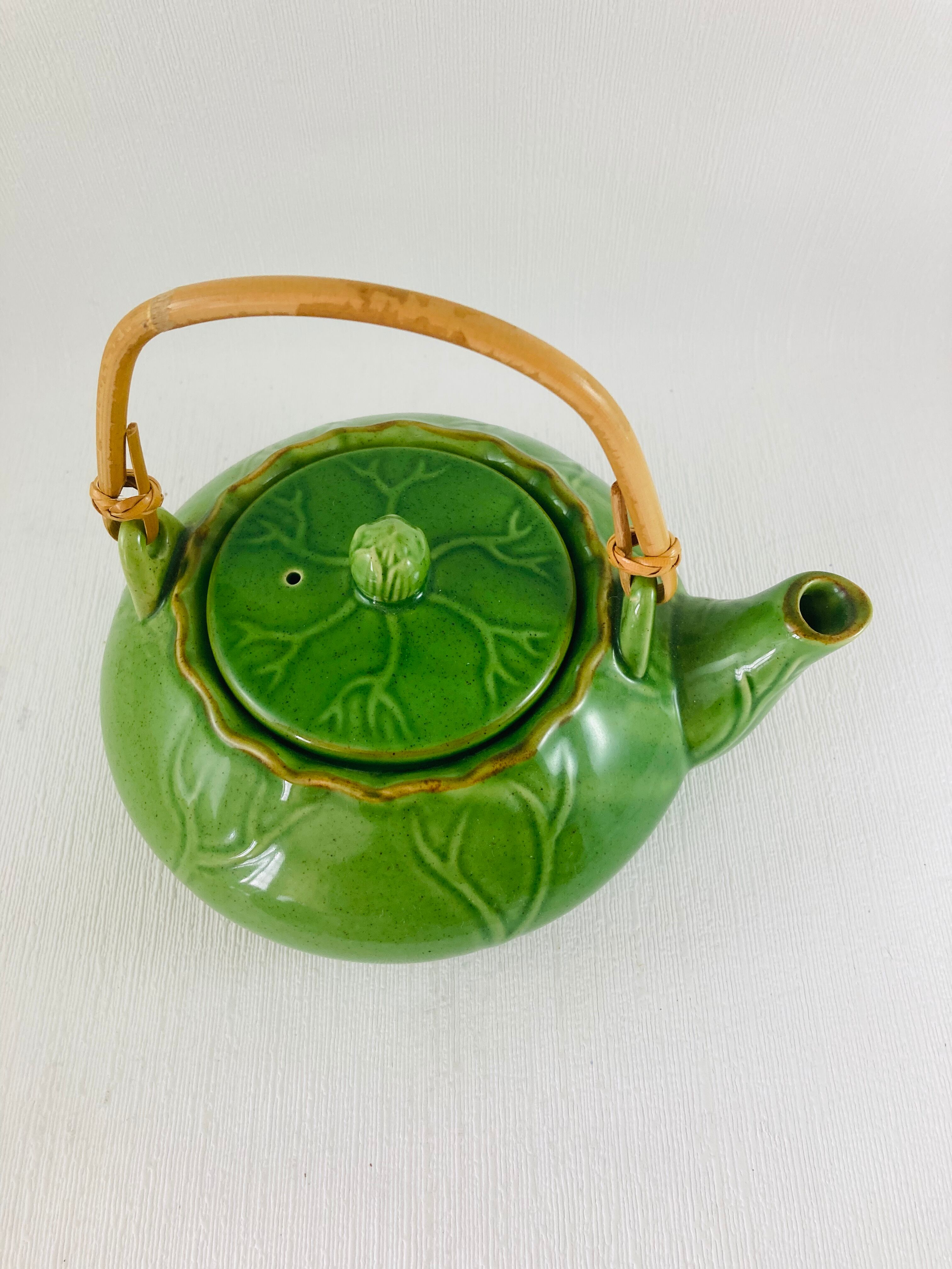 Green earthenware tea set with cabbage pattern, vintage 1970s.