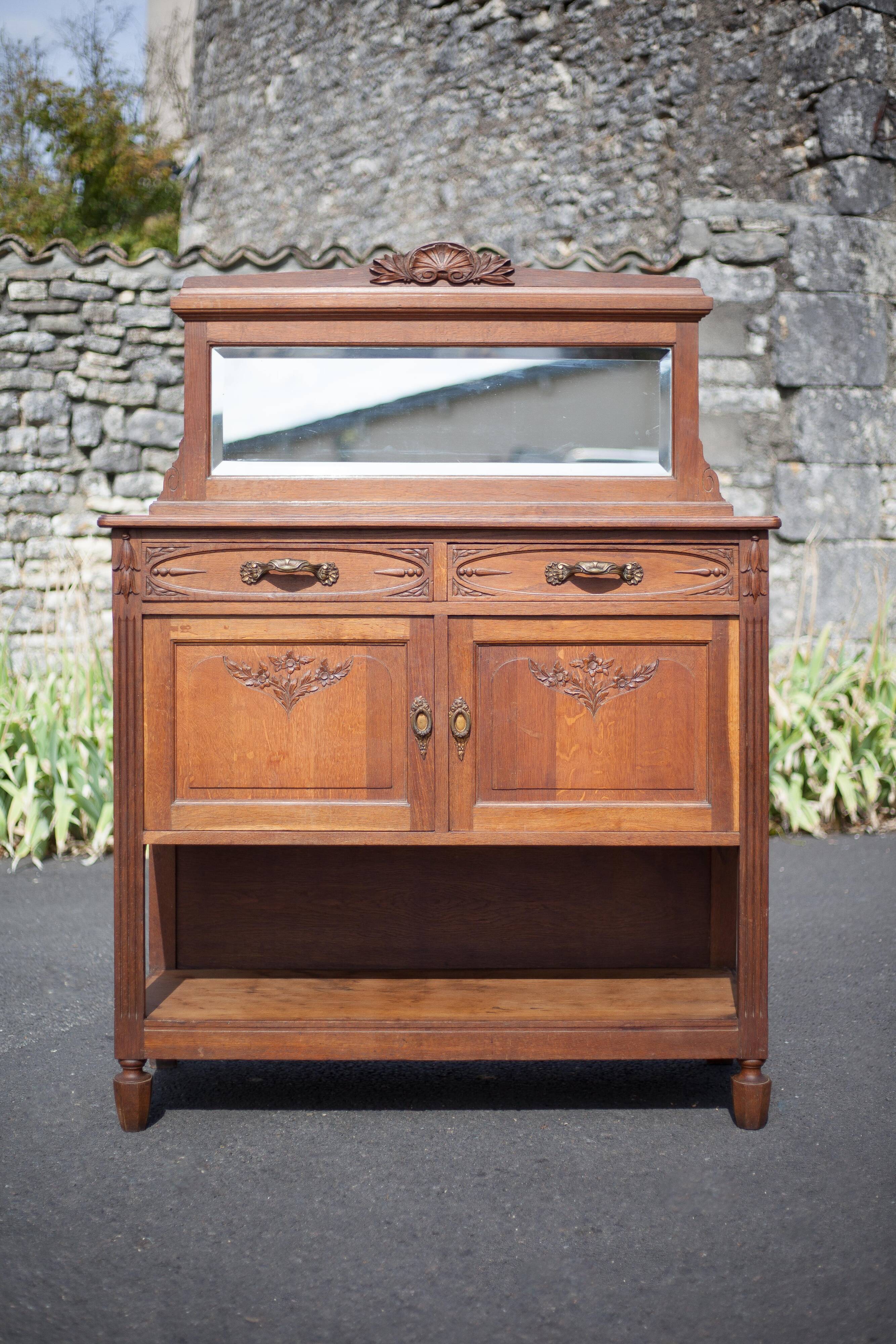 Buffet desserte bois vintage, meuble avec miroir, meuble de rangement