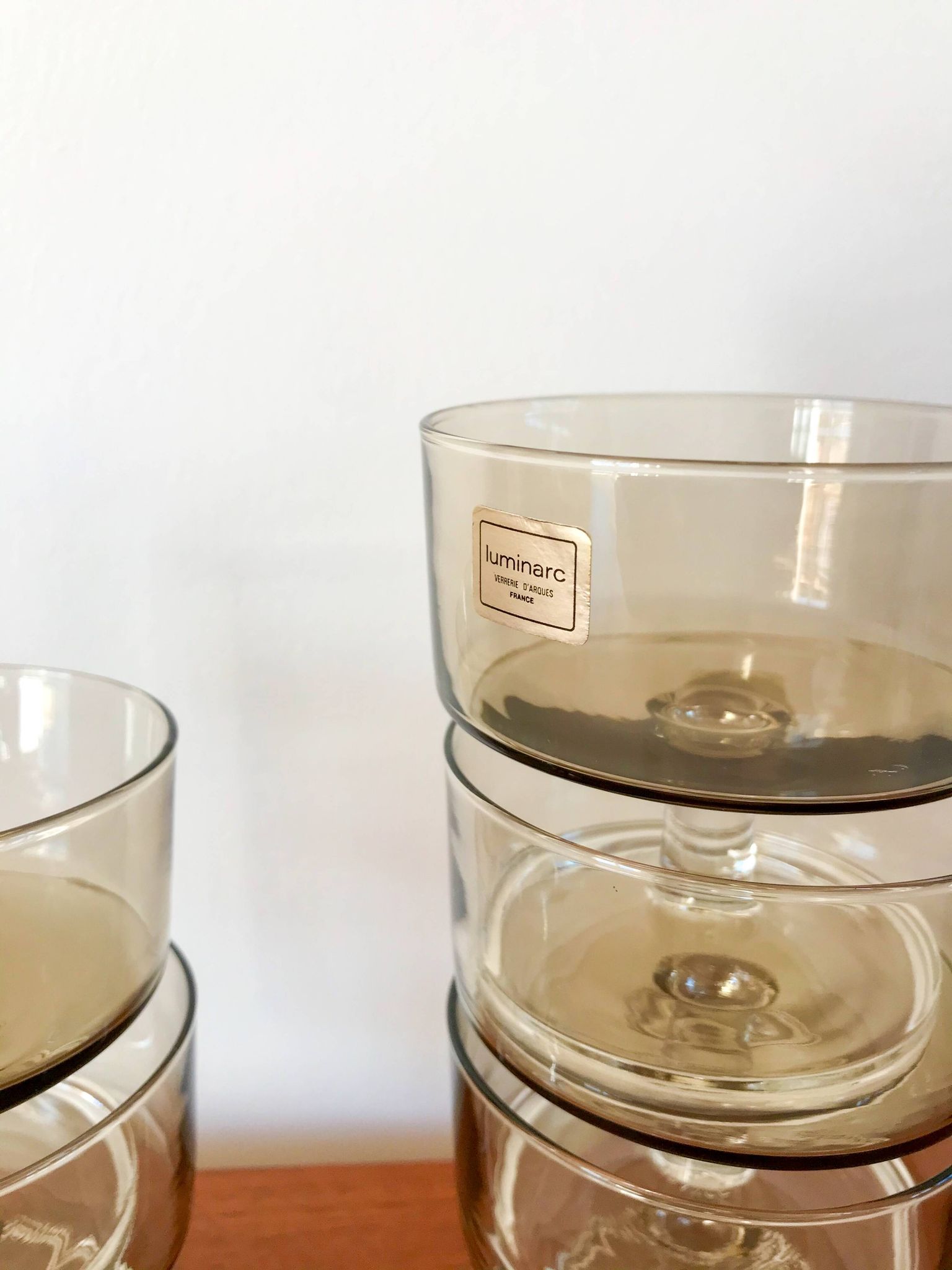 Set of 5 70s luminarc smoked glass champagne glasses
