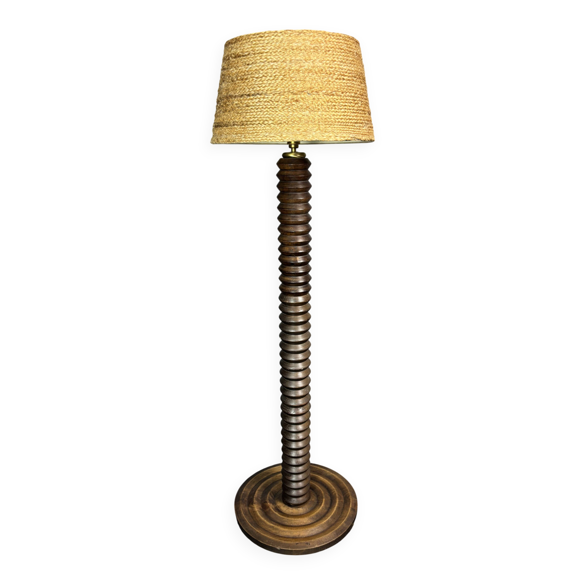 Midcentury brutalist chunky wood turned floor lamp, Charles Dudouyt style.