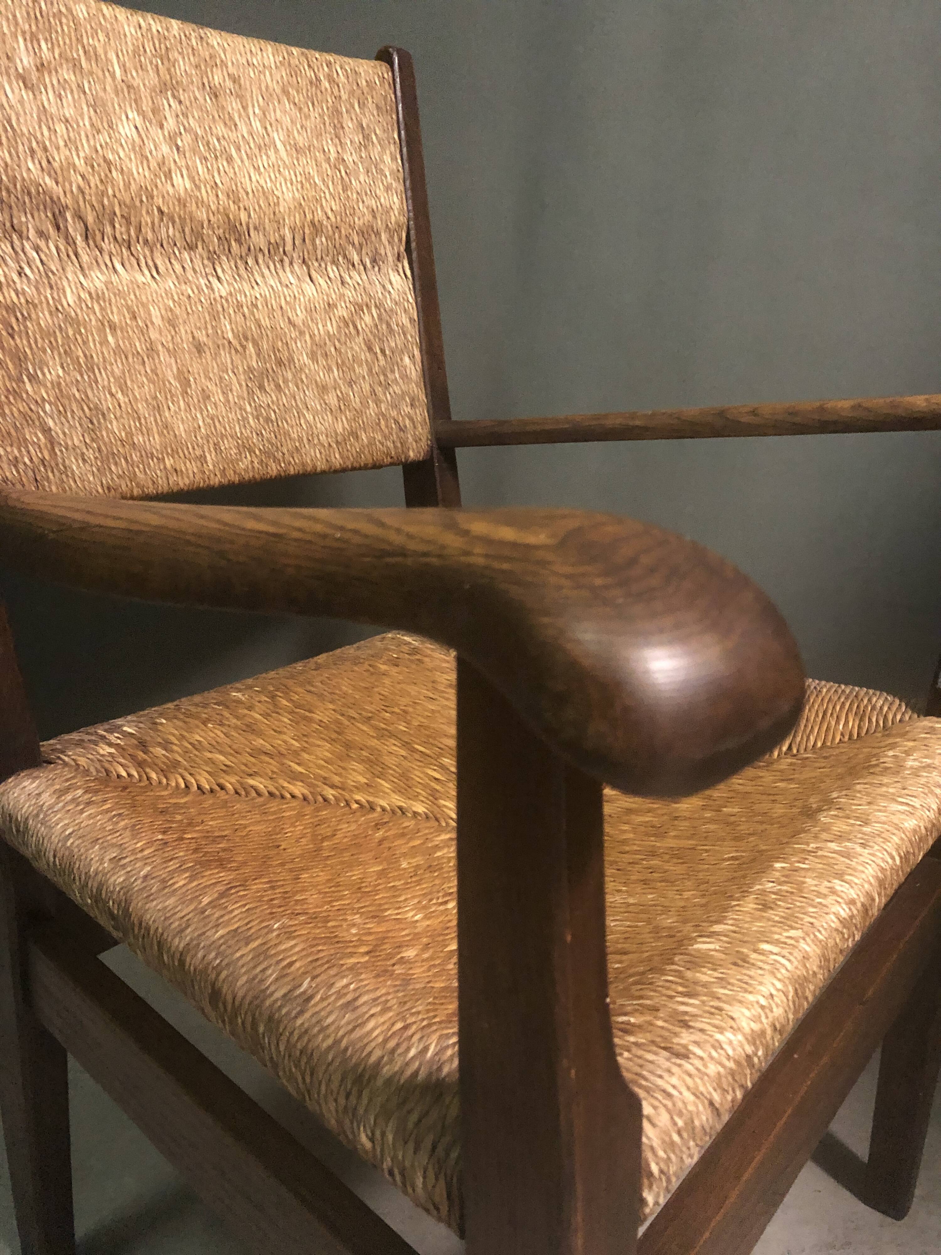 1930's Dutch oak and rush armchair.