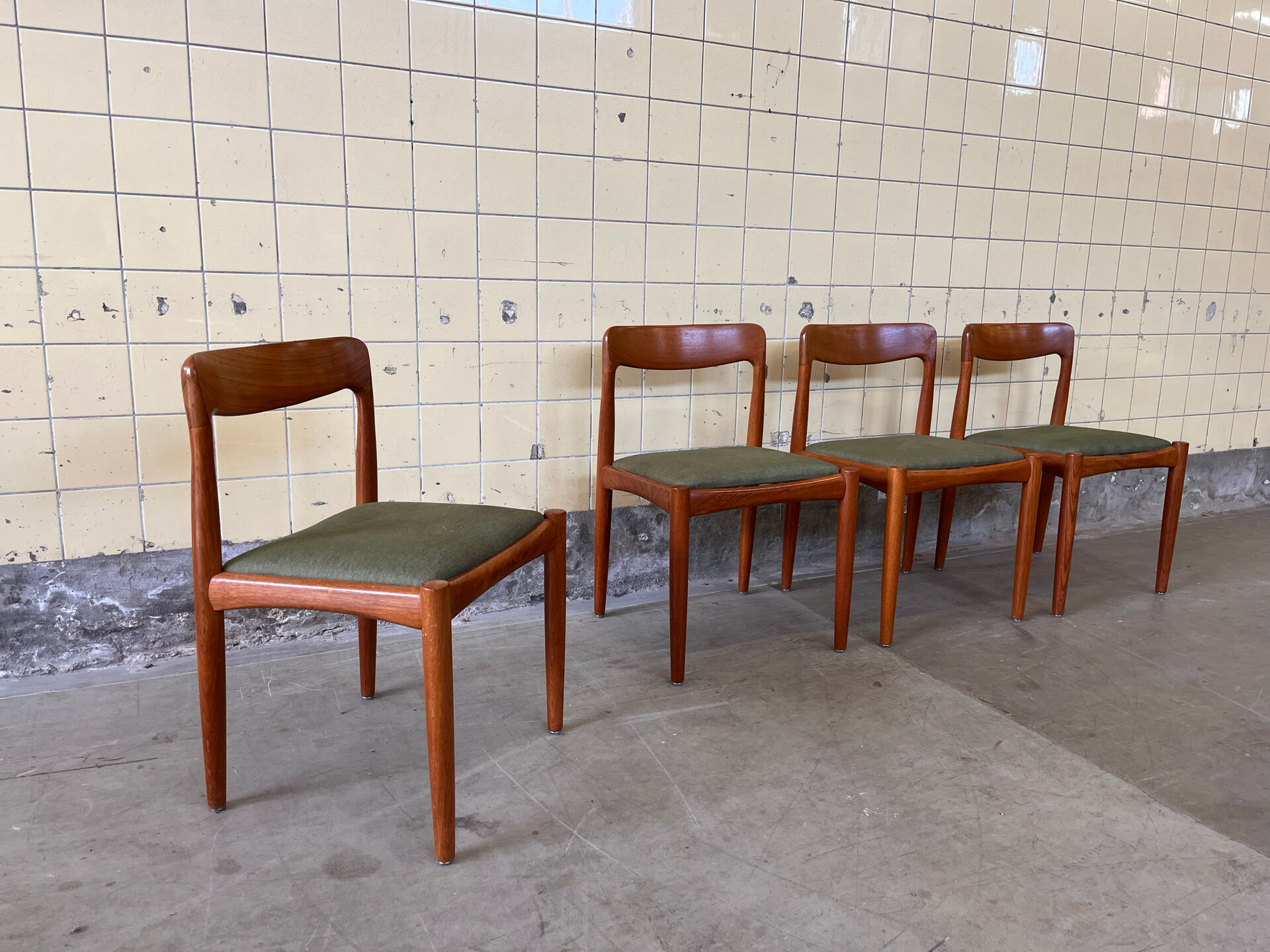 Set of four vintage solid teak dining chairs