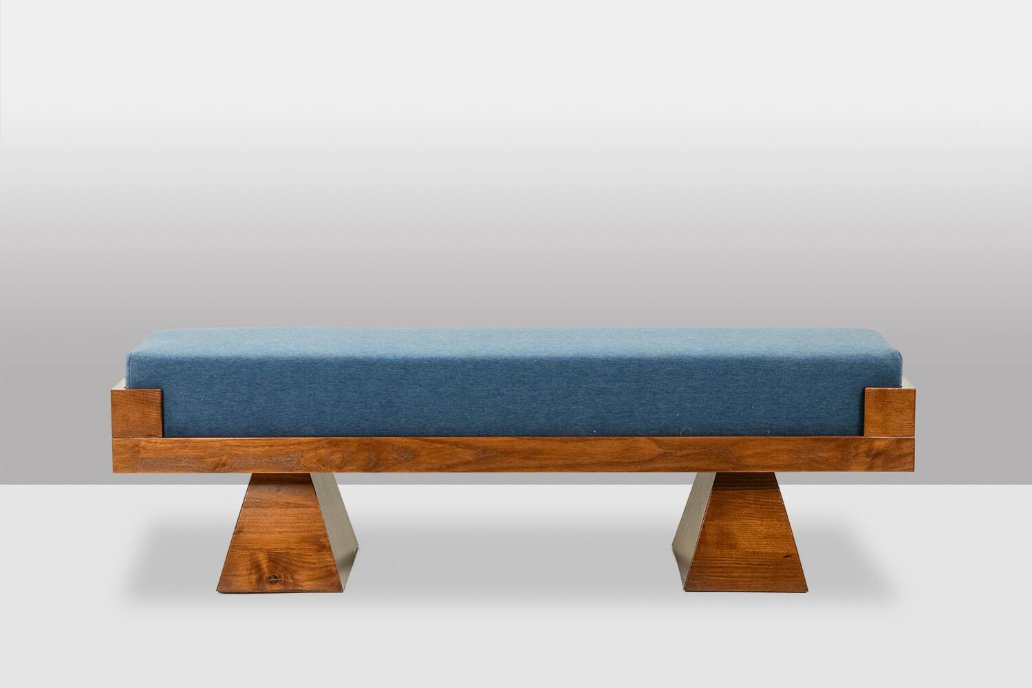 Bench in ash and glacier blue velvet. Contemporary.