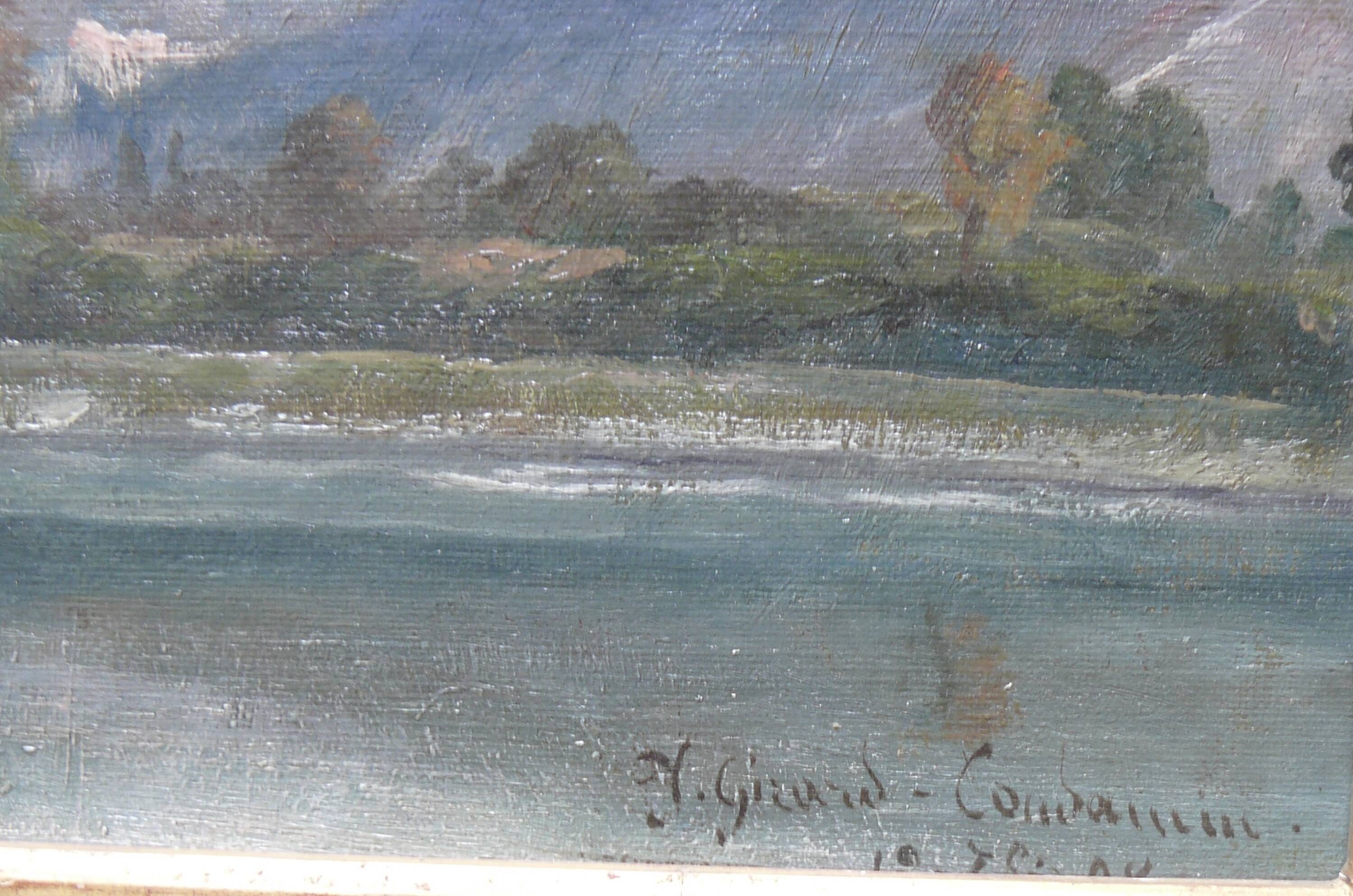 Painting by J. GIRARD-CONDAMIN, Lyon school, the banks of the Rhône and the mountains of Bugey
