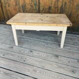 Raw wood and taupe coffee table