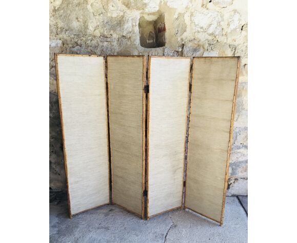 Vintage screen with 4 leaves in bamboo and woven rattan - 1950