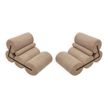 Paire de fauteuils en boucle de coton beige cylindrique post-moderne, 198