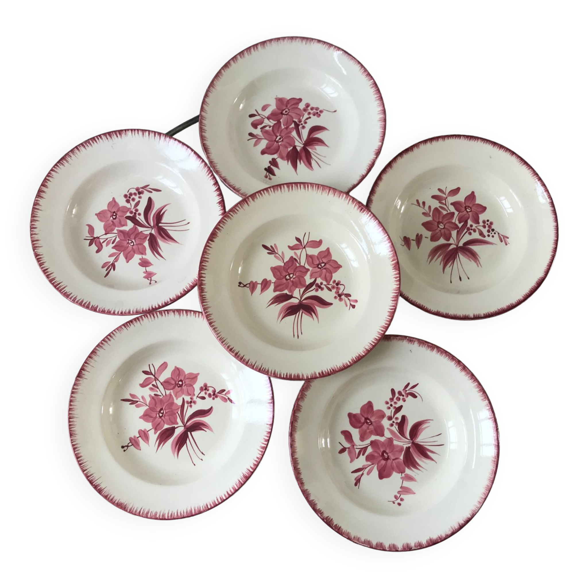 lot de 6 assiettes creuses Longchamp roses années 30-40