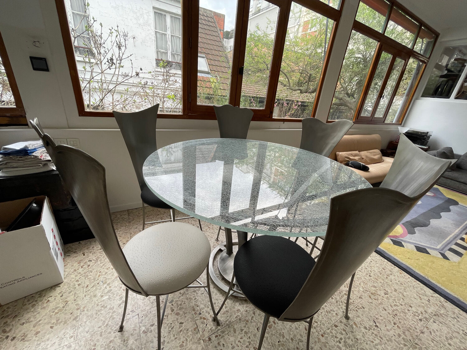 Design glass and steel high table 6-8 seats