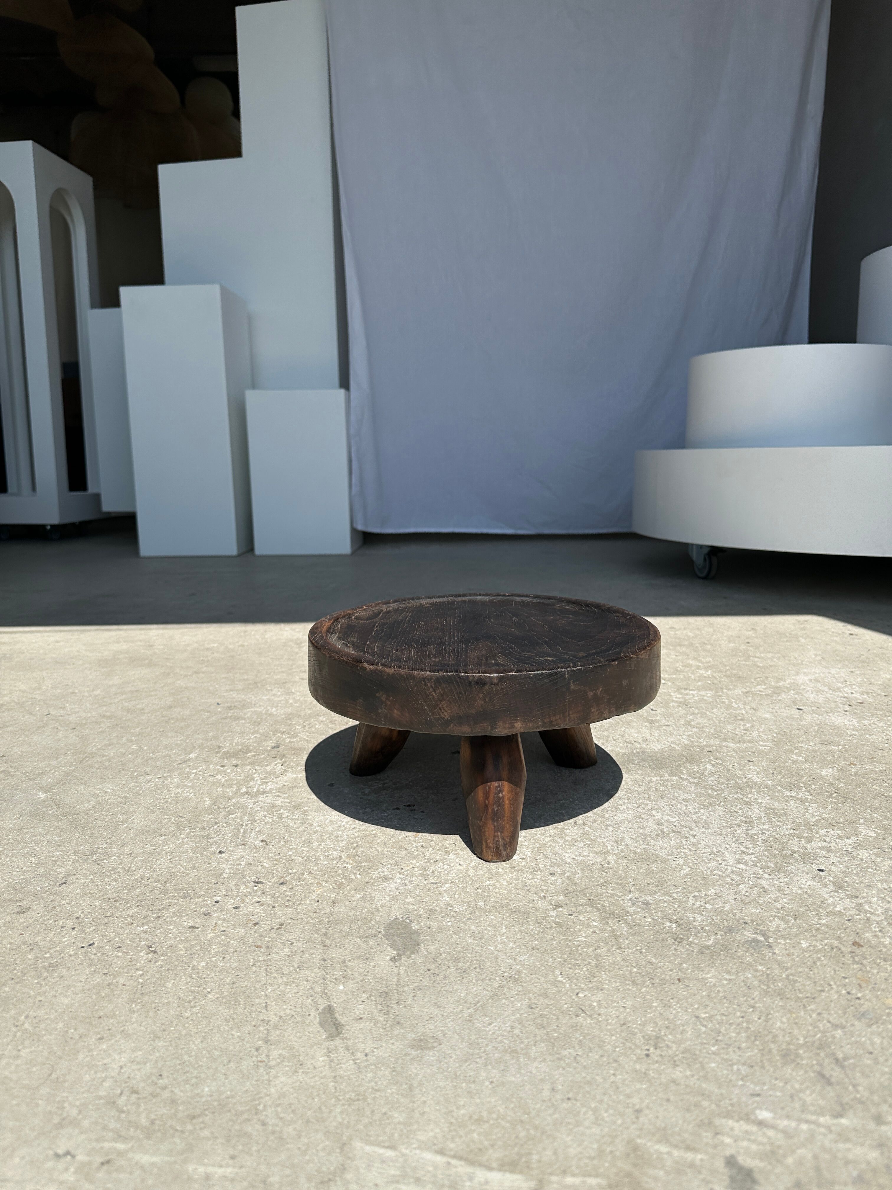 Small tripod stool low in dark brown upcycled teak