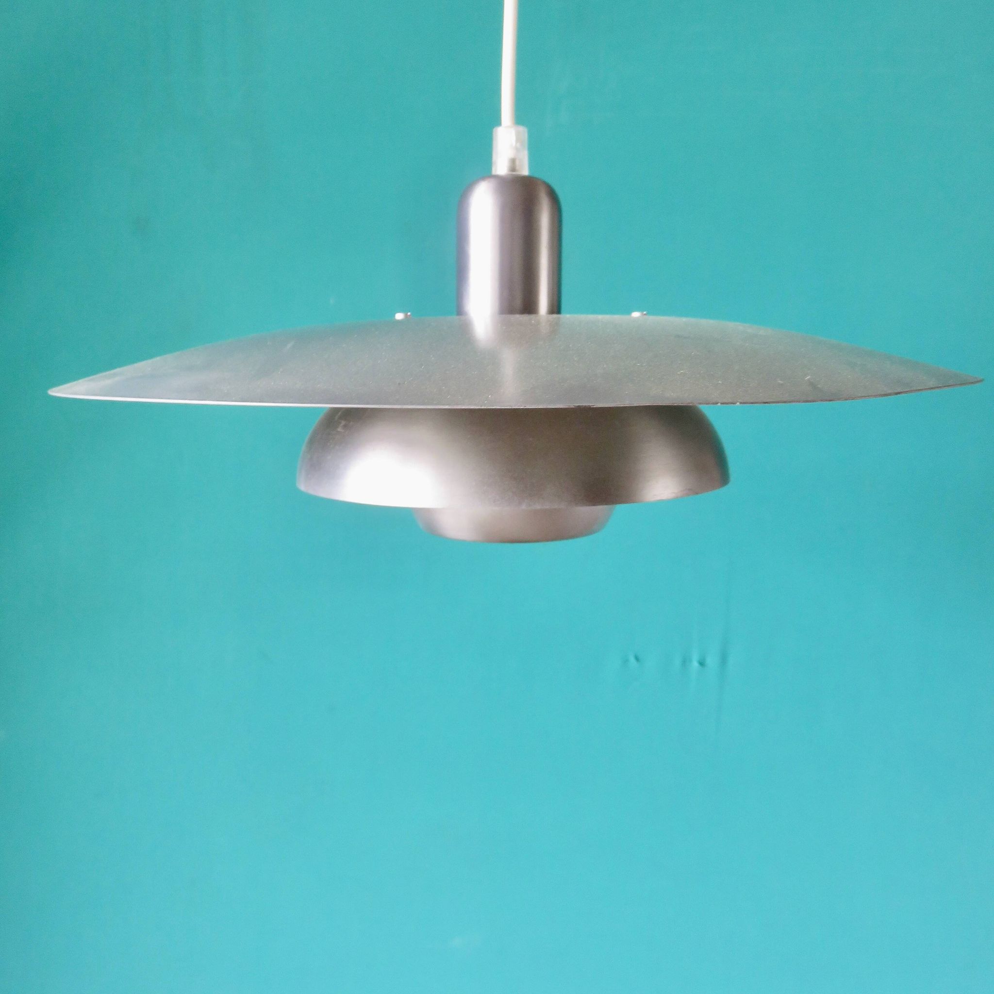 Silver iridescent metal pendant light with a typically Danish design, circa 1975/1980