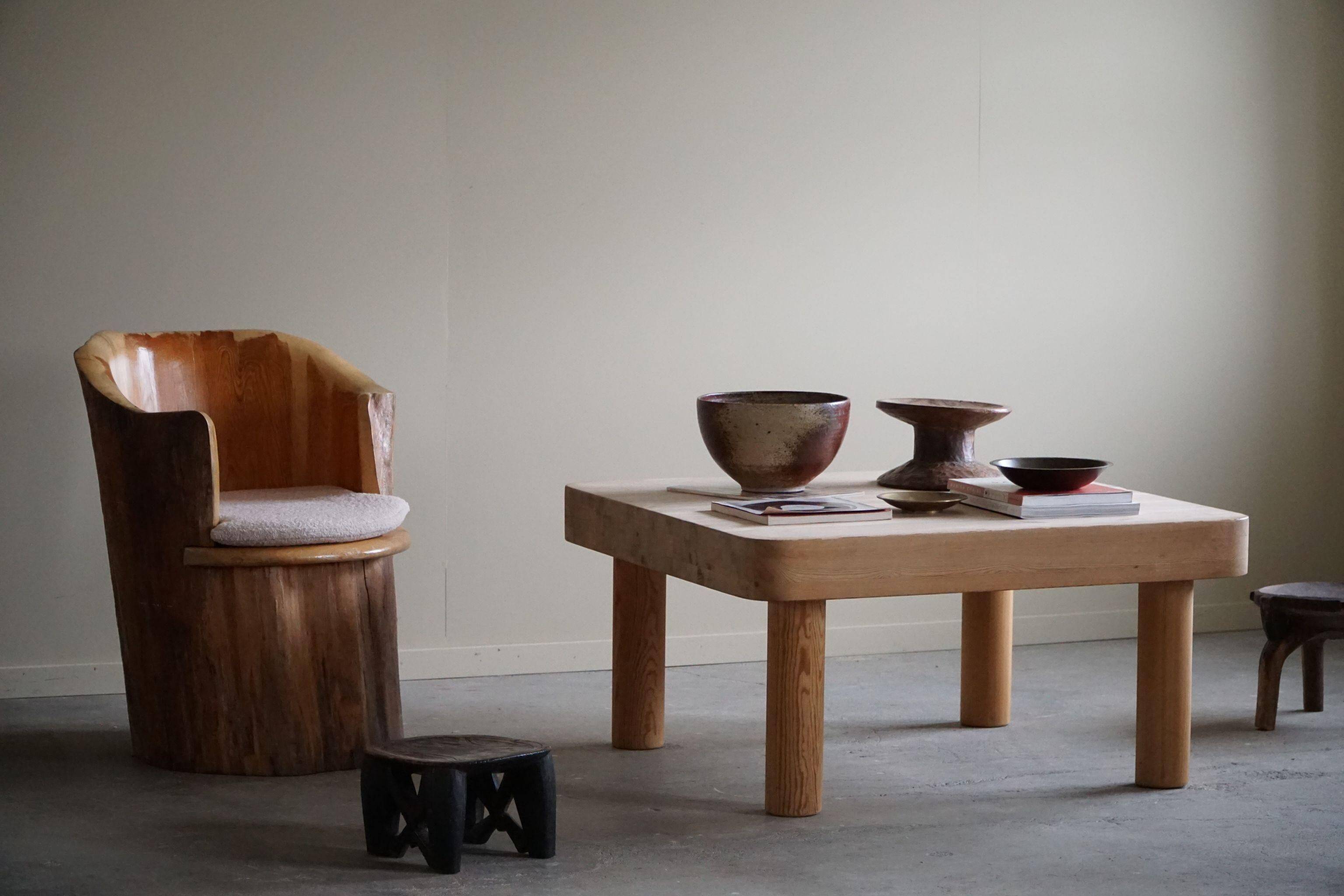 Sculptural stump chair, Brutalism, Wabi Sabi in solid pine, Swedish, 1968.