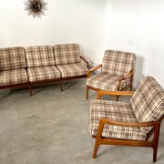 Lot armchairs and sofa 60 years Scandinavian design in vintage blond teak