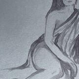 Signed watercolor painting on Denim paper portrait of a woman “waiting for the bath”