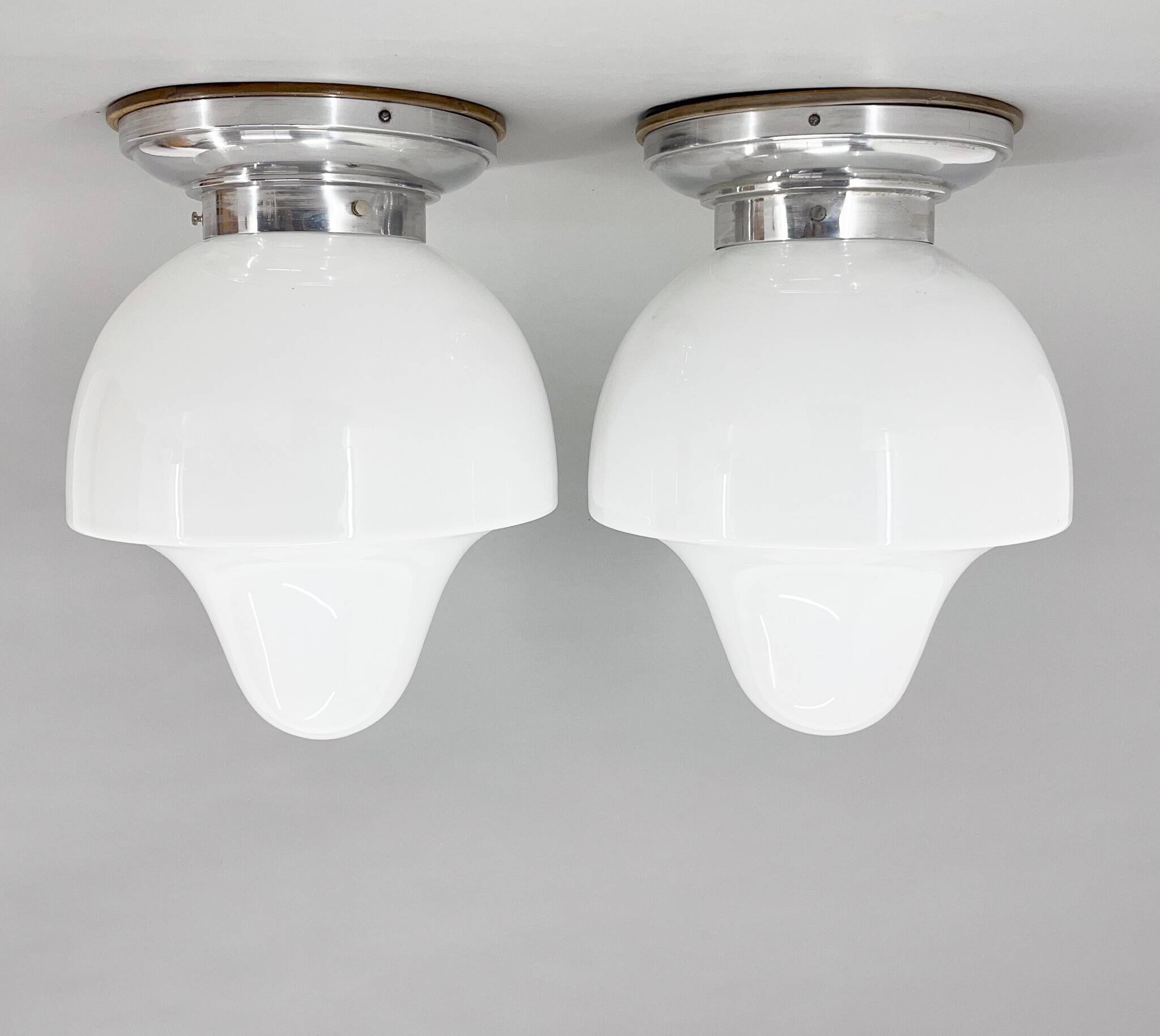 Pair of Mid-Century Chrome & Milk Glass Ceiling Ligts, Restored