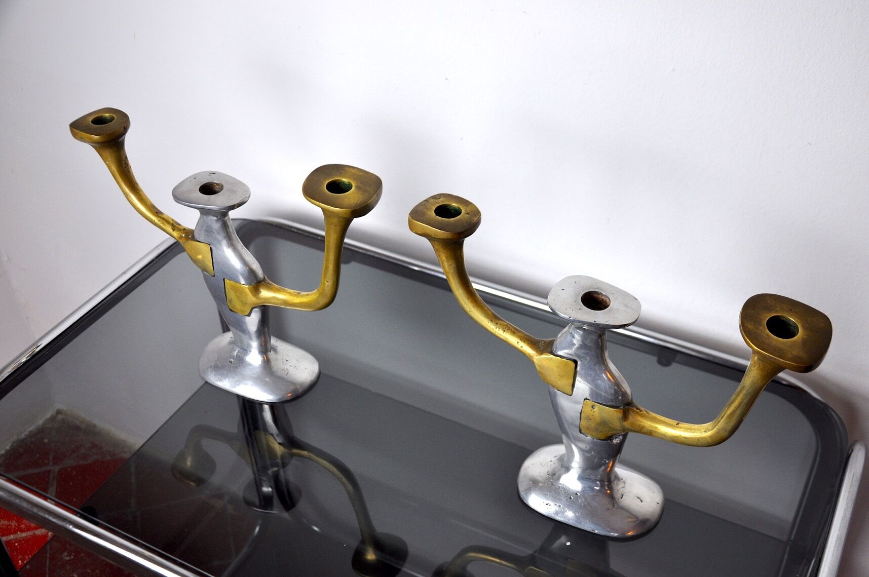 Pair of brutalist candle holders by David Marshall, 1980, Spain