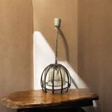 Vintage rattan pendant lamp with glass shade and cord accent