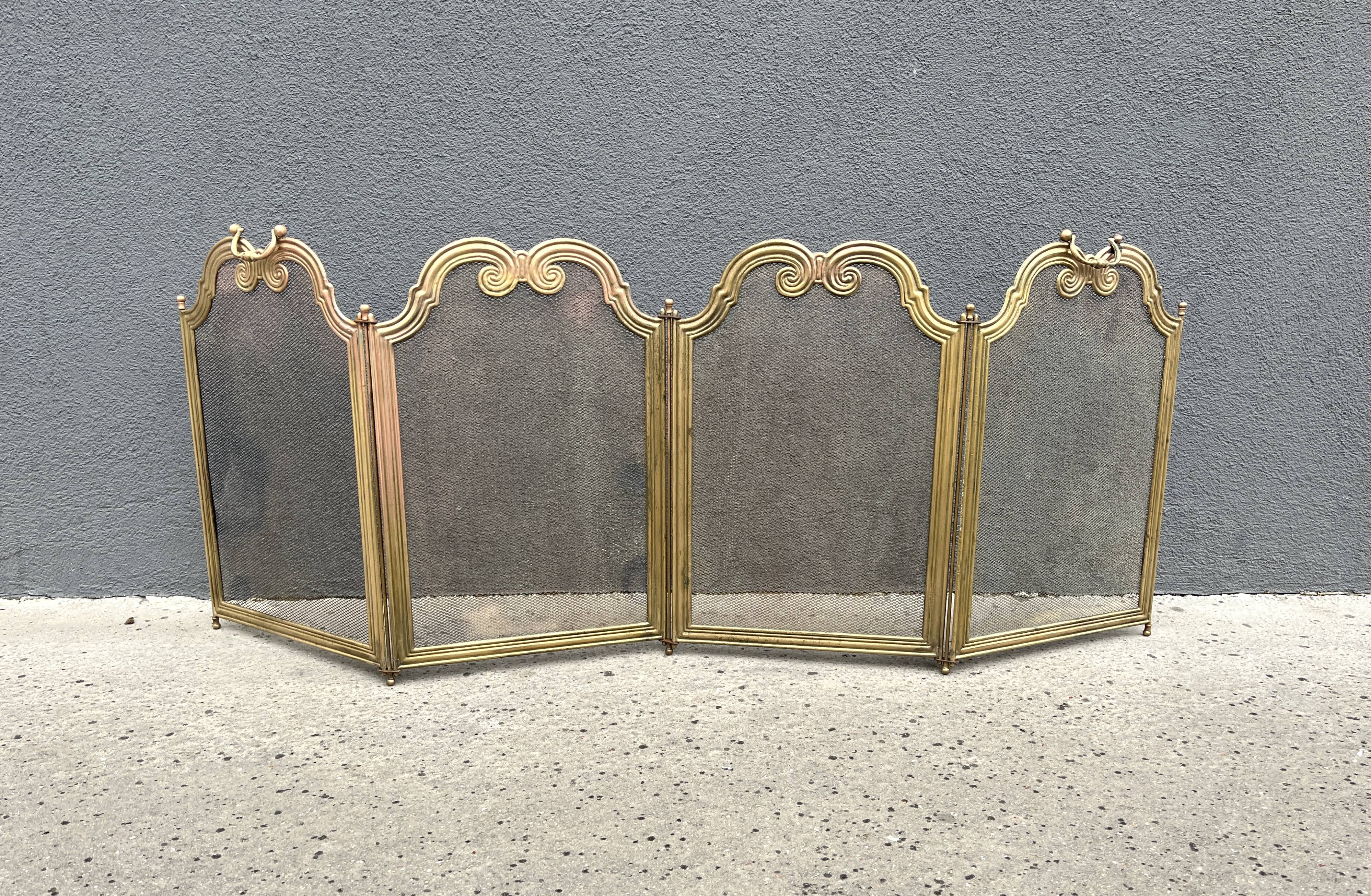 Antique brass fireplace screen from the 1920s, 4-panel fireplace screen