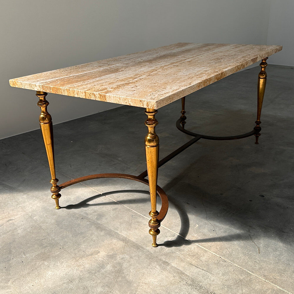 Elegant travertine coffee table with brass base, 1970s