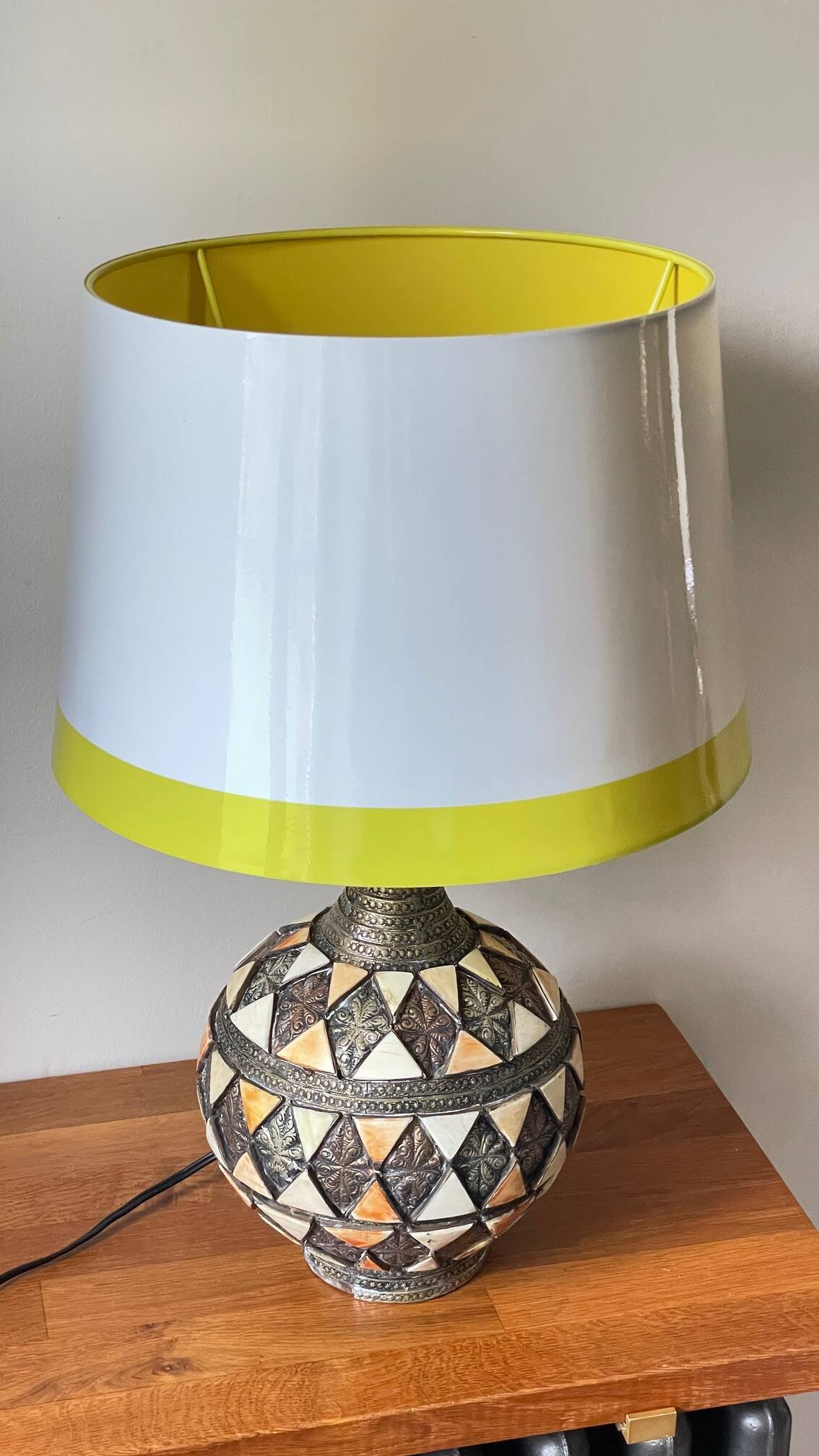Vintage handcrafted lamp, pottery and silver-plated metal