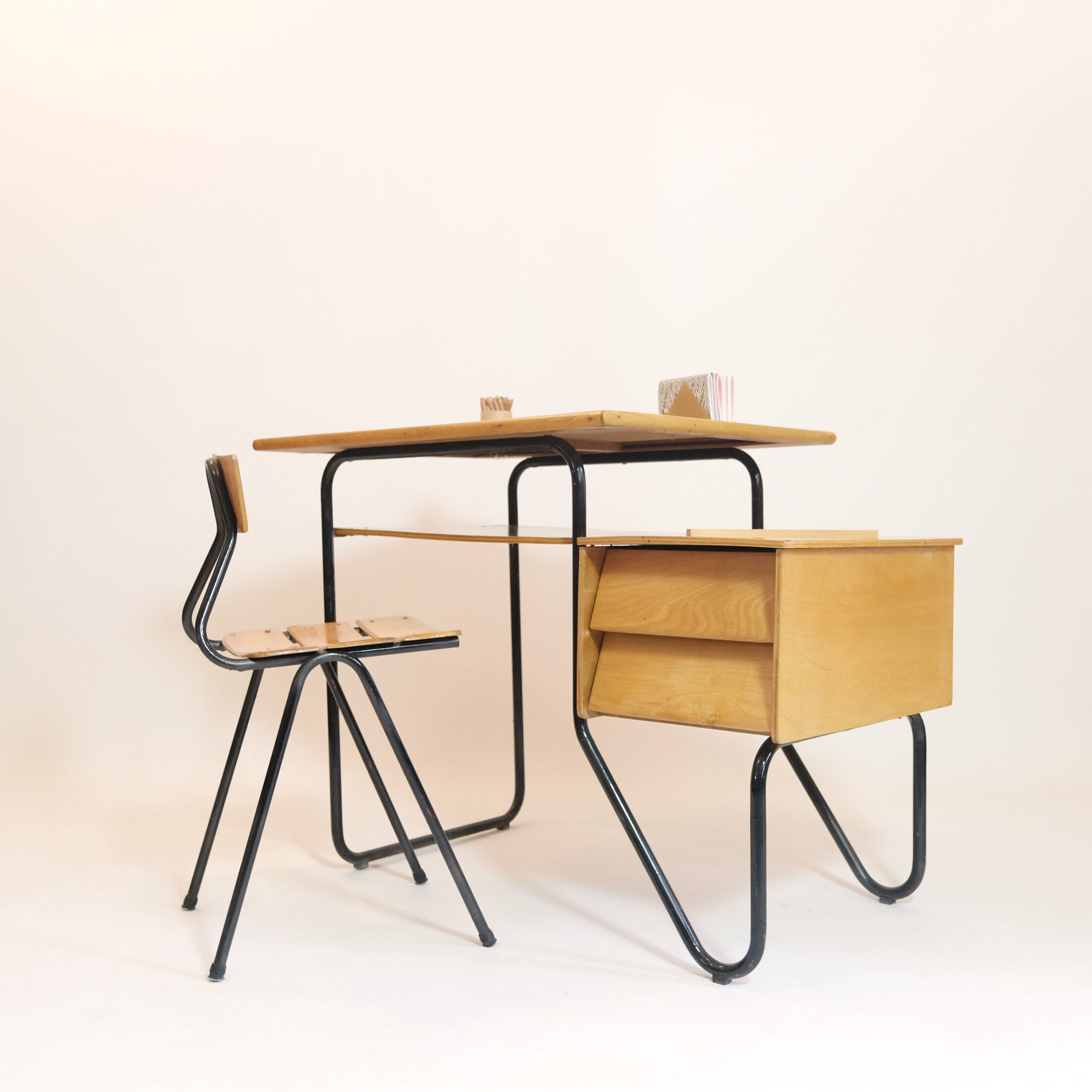 Wooden school desk and chair