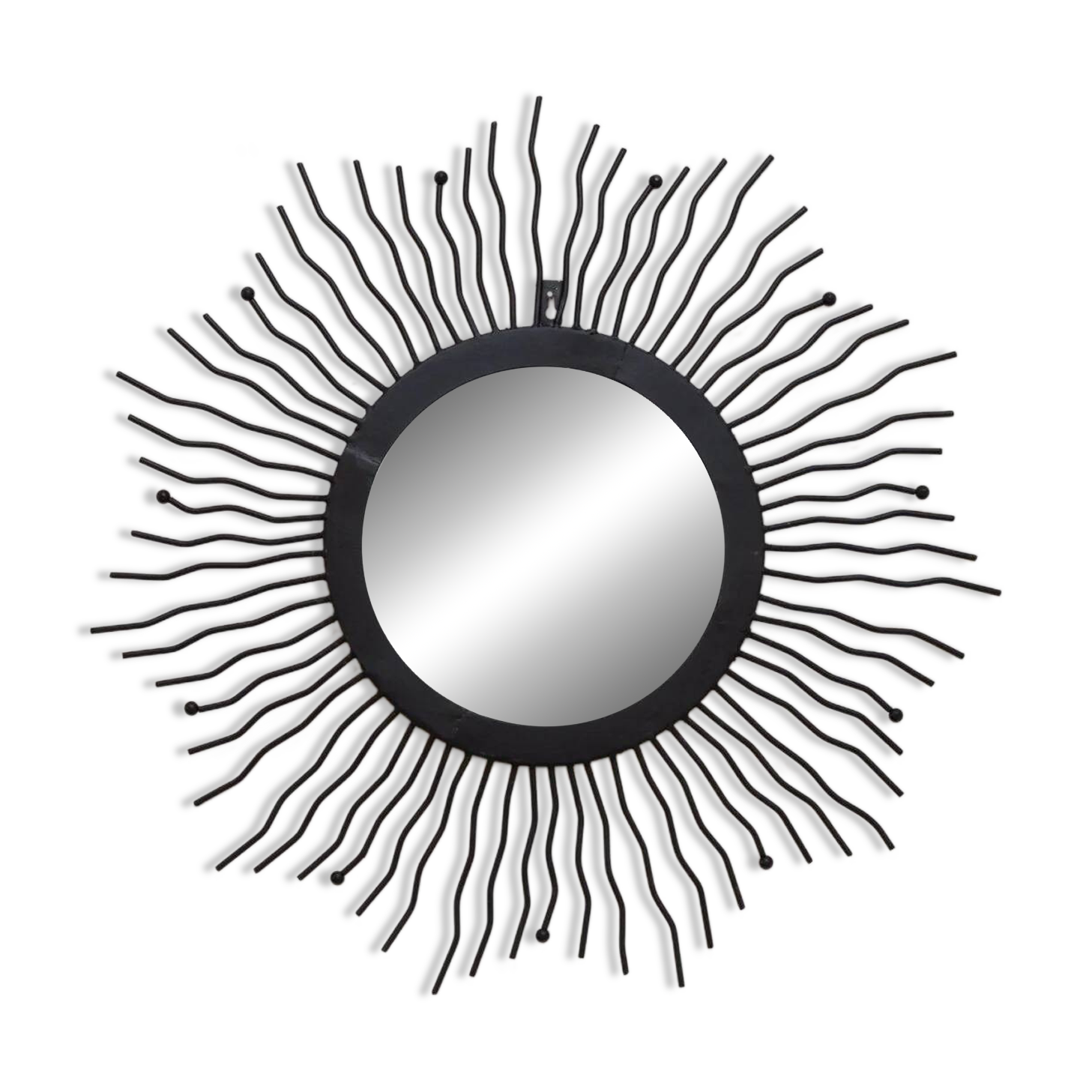 Black metal sunburst wall mirror, round 63x63 cm, vintage 1990s, made in Italy