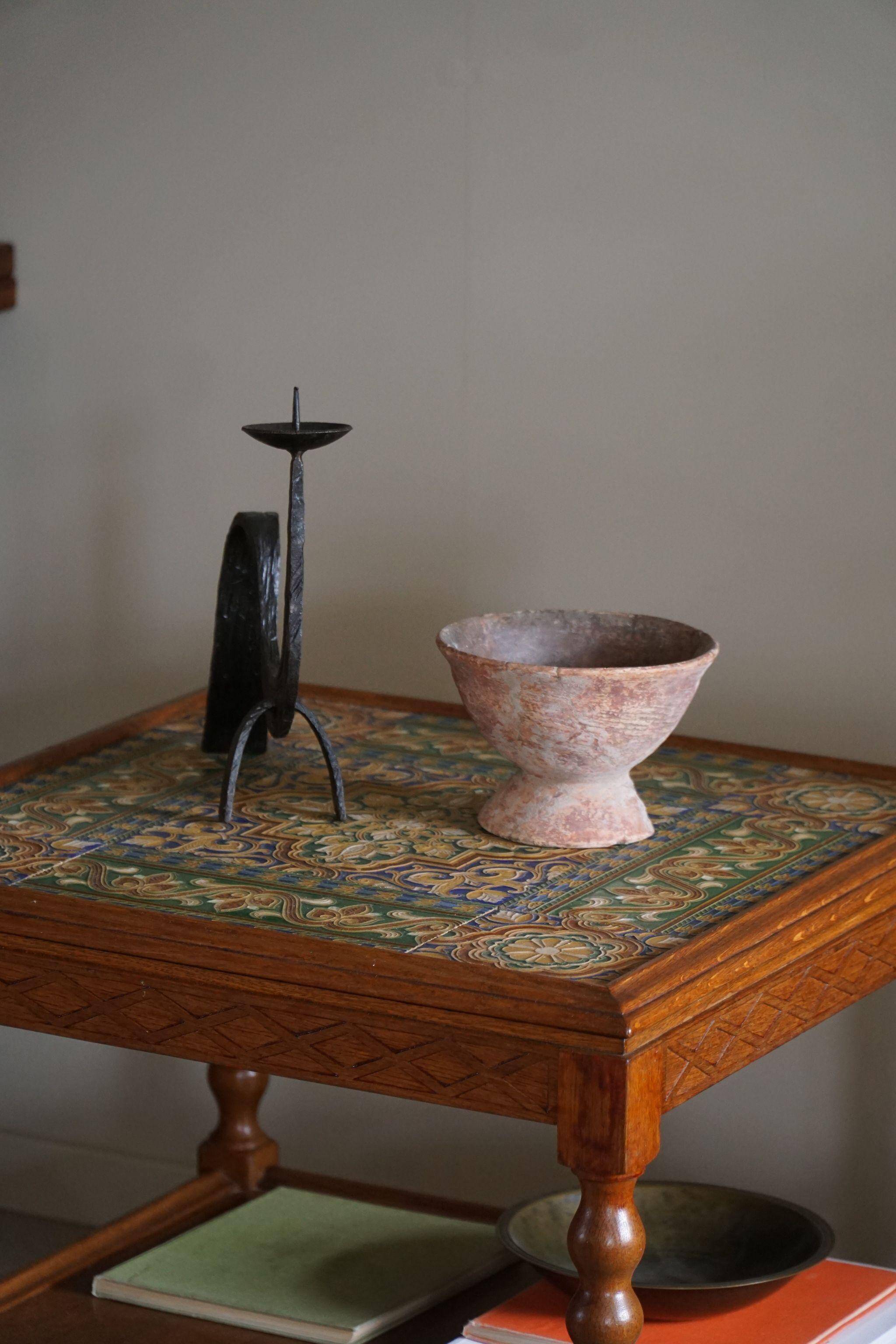 Modern Danish service table with turned spool legs and coloured tiles, 1950s.