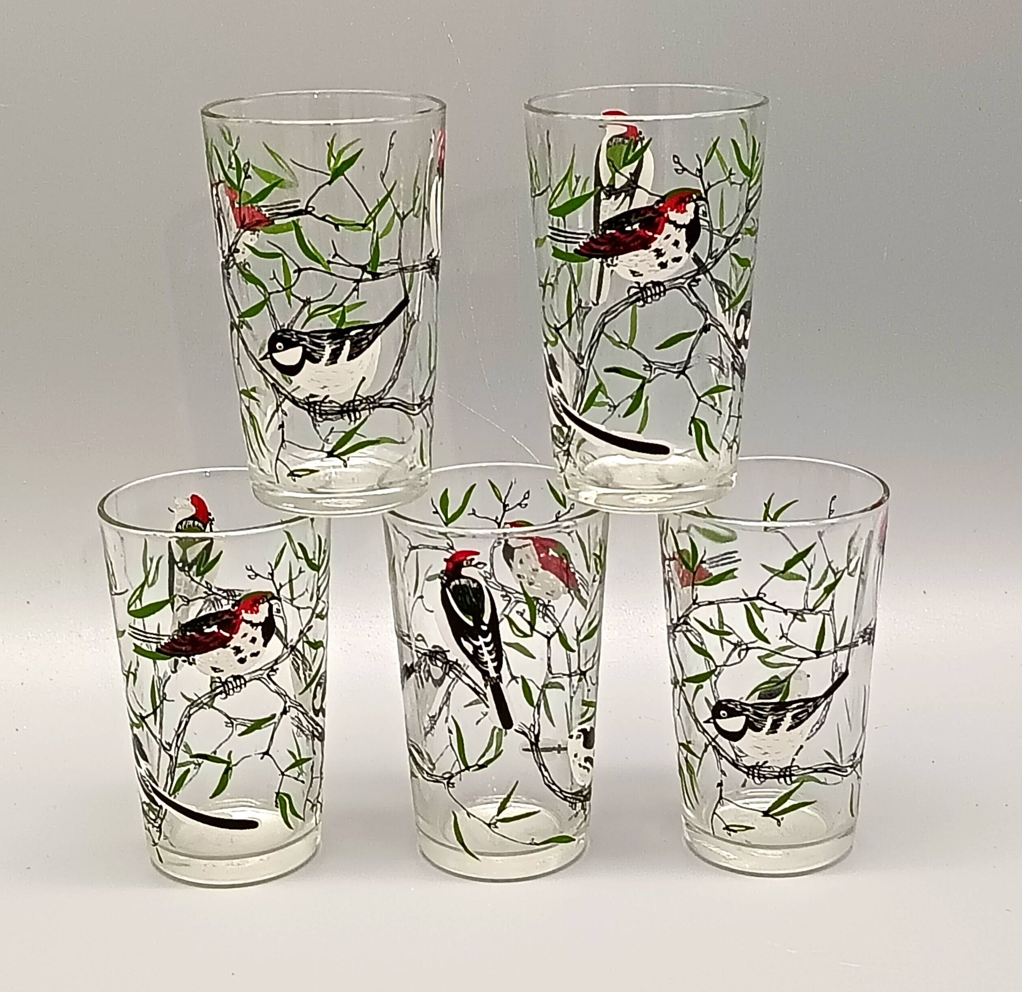 5 verres à décor d'oiseaux sérigraphiés, 1960-1970