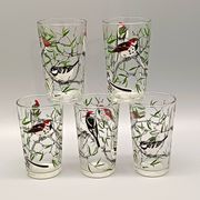 5 verres à décor d'oiseaux sérigraphiés, 1960-1970