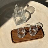 Trio of rounded rectangular trays or cups in monoxyl teak L:35