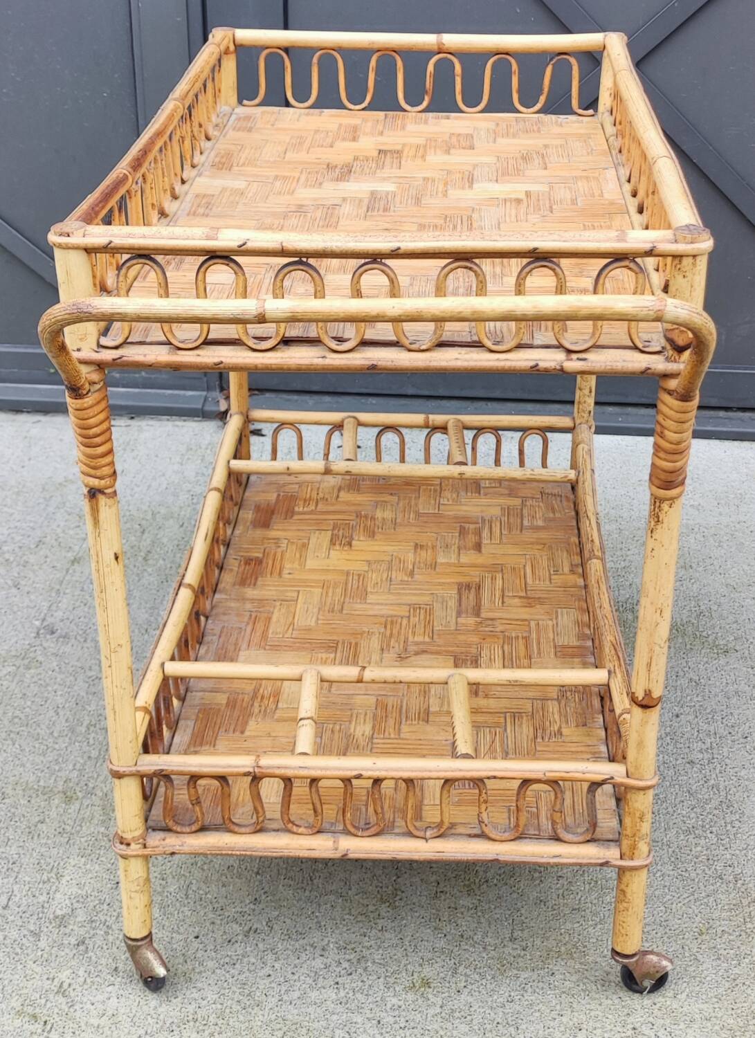 Vintage rattan bar trolley rolling serving cart