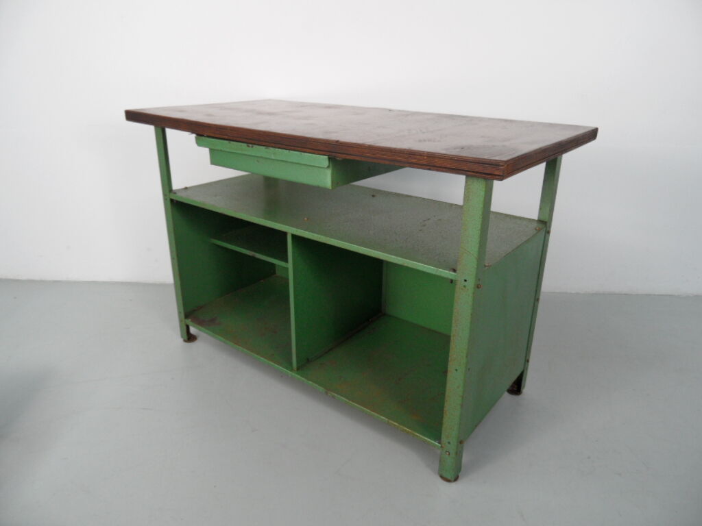 Industrial metal workbench with wooden top 1960s