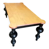 Large designer dining table in light wood and black lacquered wood. 2x1m