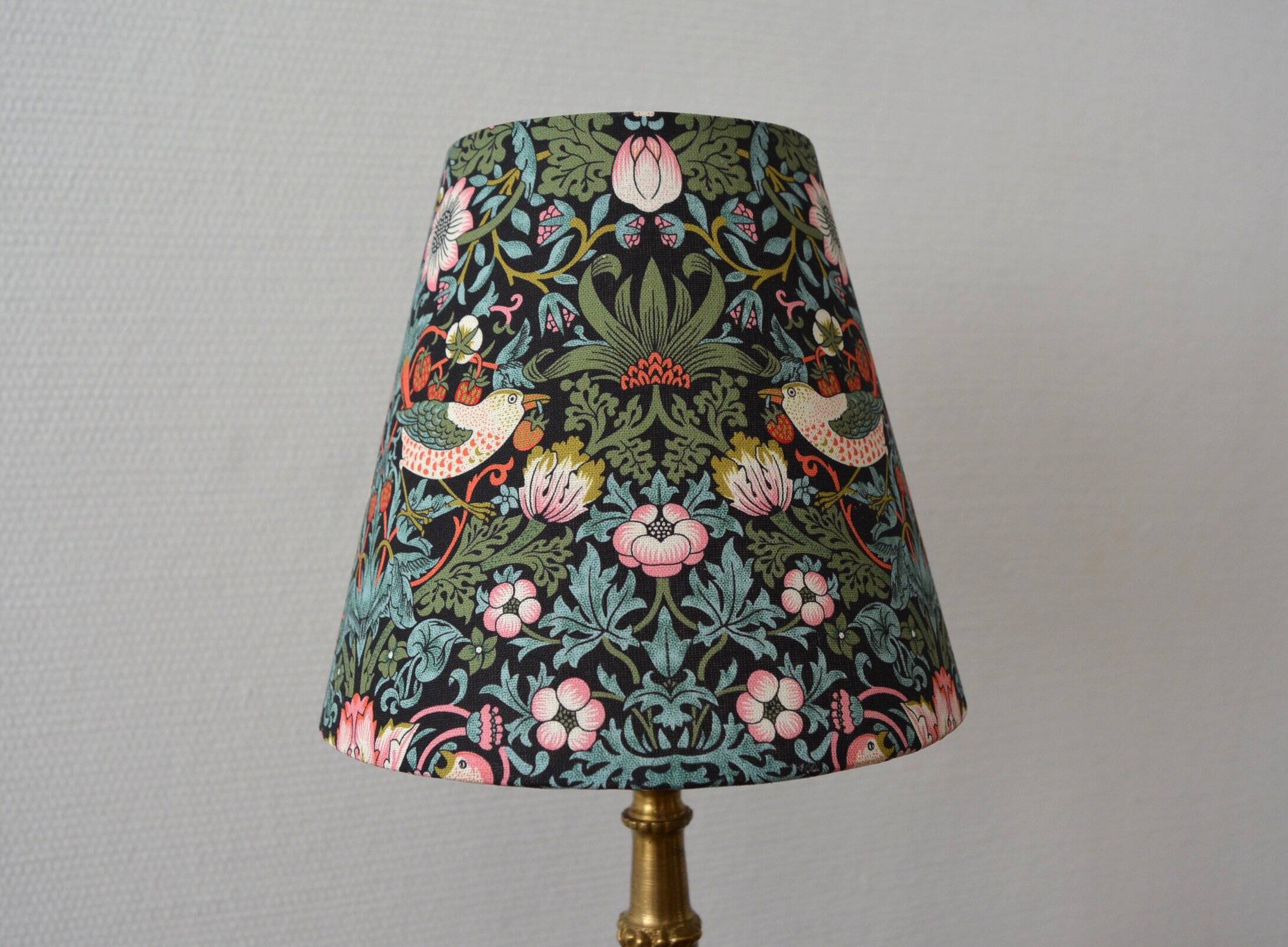 William Morris style lampshade, birds, strawberries, flowers.