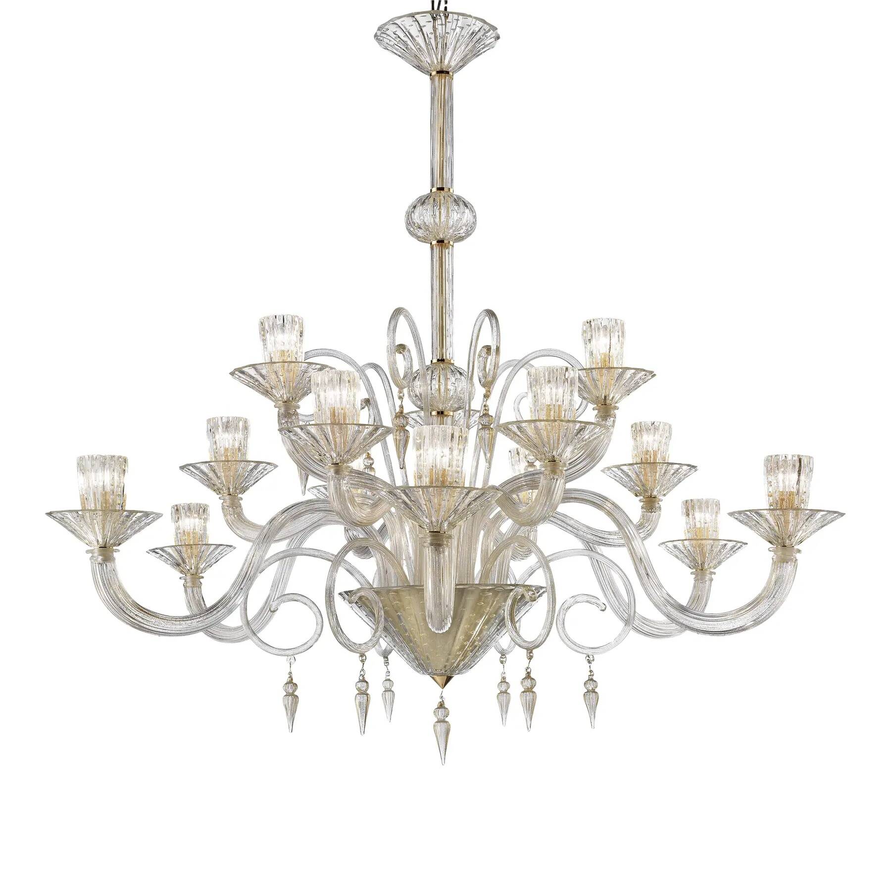 Grand Imperial “Rigadin” Murano Glass Chandelier in Transparent and Gold